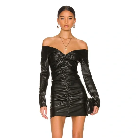 faux leather bardot dress Black Faux Leather Bardot Biker Dress